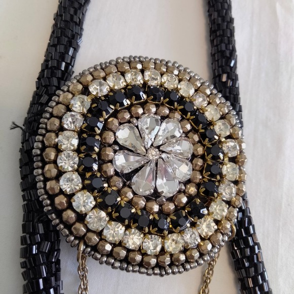 Iris Apfel & Bajalia Black-Clear Rhinestone Feathered Beaded Statement Necklace - Picture 7 of 16